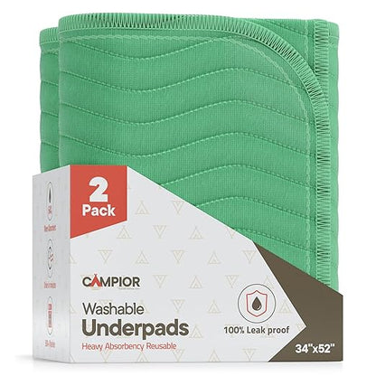 Washable Underpads Extra Large 34"x52" (Pack of 2) – Reusable Waterproof Bed Pads for Adults & Seniors, Extra Heavy Absorbency Incontinence & Bedwetting Pads, Soft Non-Slip TPU Backing, Green.