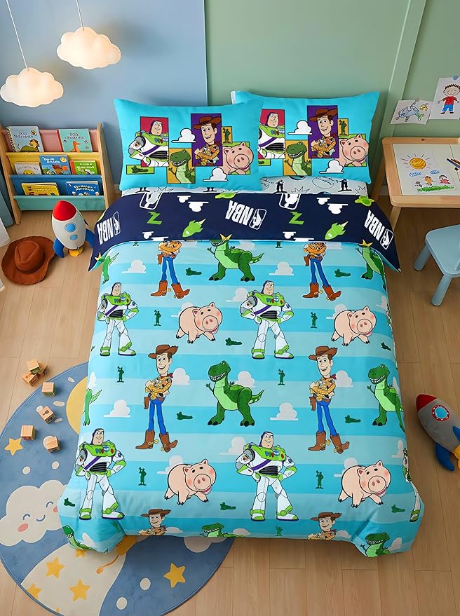 Northwest Disney Toy Story Full Size Comforter Set, 5 Piece Reversible Buzz Lightyear & Woody Design Ultra Soft Fade Resistant Microfiber Kids Bedding Set, Officially Licensed