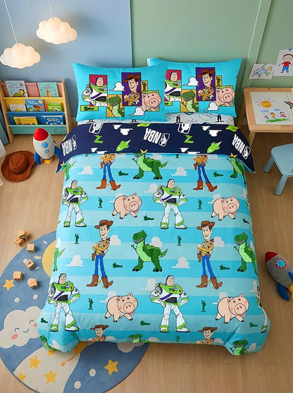Northwest Disney Toy Story Full Size Comforter Set, 5 Piece Reversible Buzz Lightyear & Woody Design Ultra Soft Fade Resistant Microfiber Kids Bedding Set, Officially Licensed
