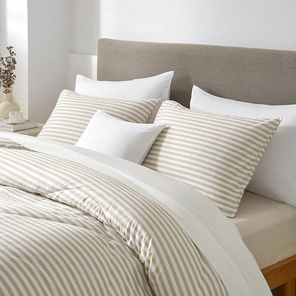 mixinni Tan Striped Comforter Set Twin XL Size - Beige Stripes Pattern Bed Set for All Season, 3 Pieces Lightweight Bedding Comforter Sets for All Seasons (1 Soft Fluffy Comforter + 2 Pillowcases)