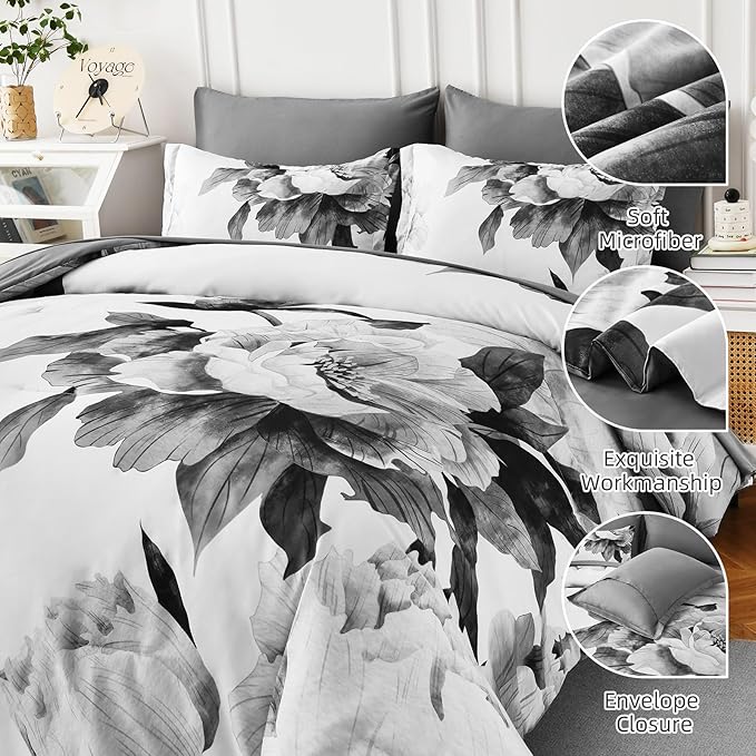 Dobuyly Grey Comforter Set King 7 Piece Bed in a Bag, Gray Floral Printed on White Comforter Set with Sheets, Soft Microfiber Botanical Farmhouse Bedding Set for All Season
