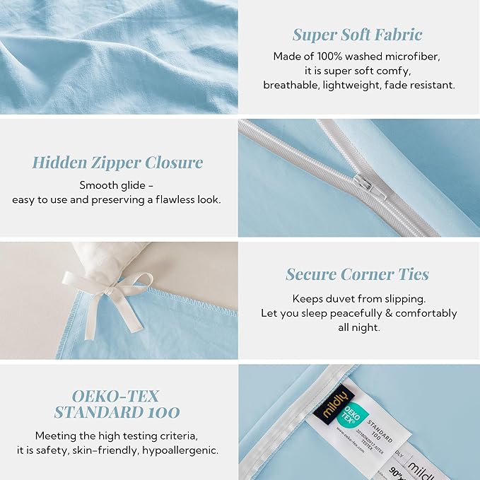 MILDLY Super Soft Duvet Cover - 100% Washed Microfiber Cool Blue Comforter Cover Set 3 Pieces with Zipper Closure & Corner Ties (No Comforter)