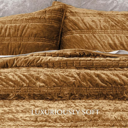 EVERGRACE Luxury Ruched Velvet Quilt Queen Size, Ultra Soft Bedspread Coverlet Set, Lightweight Velvet Comforter, Quilted Bedding Cover with 2 Matching Shams for All Season, Gold Yellow