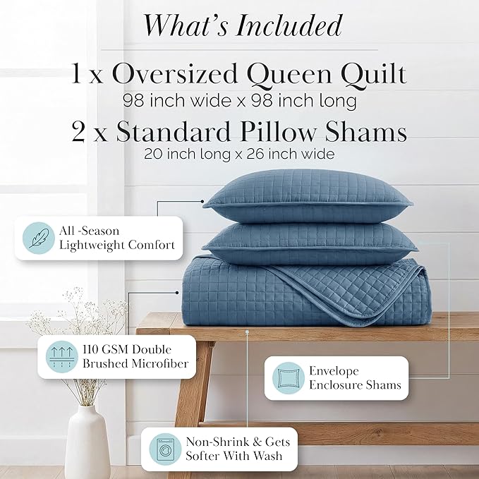 Southshore Fine Living, Inc. Queen Quilt Bedding Set, Summer Comforter Quilts Queen Size, Pet Hair Resistant Bedding, Lightweight Bedspread, Full Size Coverlet with 2 Pillow Shams, Coronet Blue Quilt