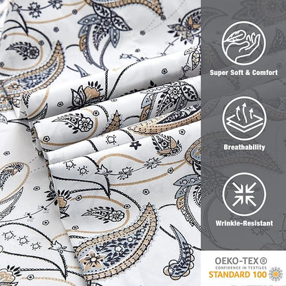 JSD Grey Paisley Printed Sheet Set Queen Size, 4 Piece Soft Retro Pattern Microfiber Sheets Extra Deep Pocket