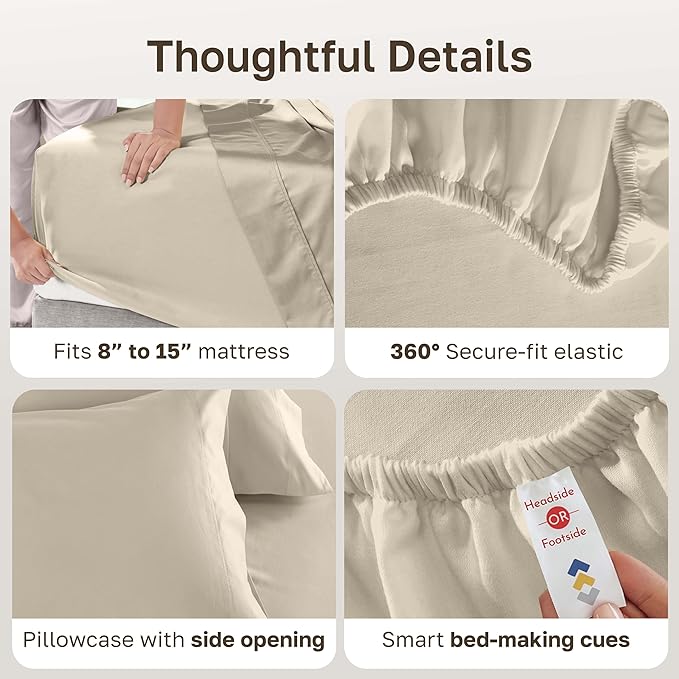 California Design Den Twin Sheets Set - 600 Thread Count, 100% Cotton Sateen, Deep Pocket Twin Bed Sheets, Soft and Durable Bedding Set - Beige