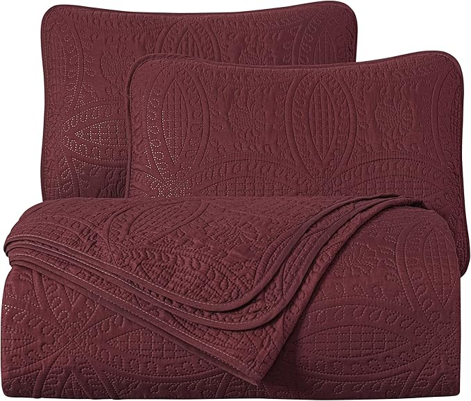 Chezmoi Collection Austin 3-piece Oversized Bedspread Coverlet Set (King, Burgundy) | Oversized, Lightweight, Fade Resistant