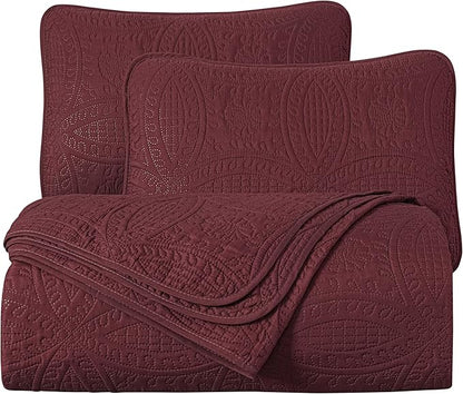 Chezmoi Collection Austin 3-piece Oversized Bedspread Coverlet Set (Queen, Burgundy) | Oversized, Lightweight, Fade Resistant