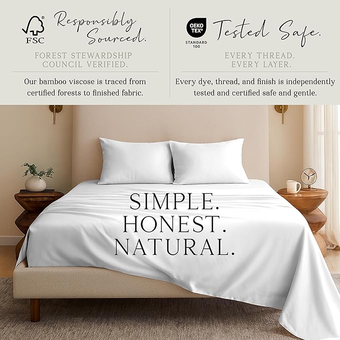 KARISSA MAE Cooling Bamboo Viscose Queen Sheet Set | 100% FSC Certified | 18” Deep Pocket | Silky, Soft, & Hypoallergenic | with Organizer Band & Elastic Corner Straps [White]