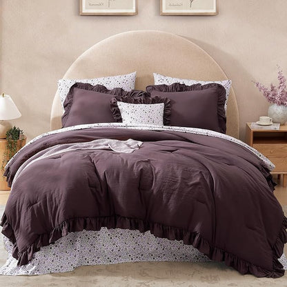 Oversized King Comforter Set - 7 Pieces Ruffle Dark Purple Bedding Sets, Shabby Chic Farmhouse Bed in a Bag with Ruffle Comforter, Floral Sheets, Pillowcases & Shams