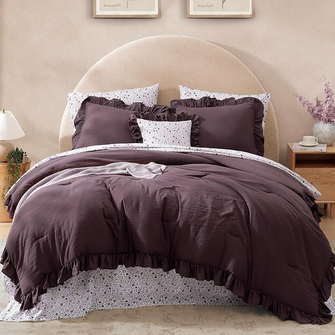 California King Comforter Set - 7 Pieces Ruffle Dark Purple Bedding Sets, Shabby Chic Farmhouse Bed in a Bag with Ruffle Comforter, Floral Sheets, Pillowcases & Shams