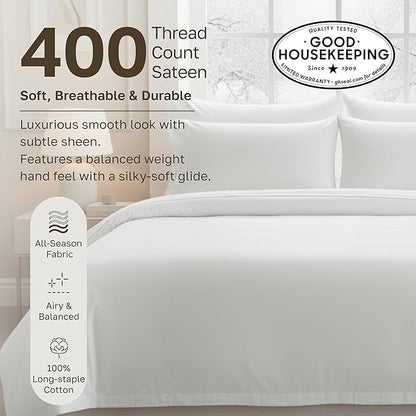 California Design Den 3 Pc Full/Queen Duvet Cover Set - Winner Good Housekeeping Best Bedding Awards 2025, 400 Thread Count Sateen, 100% Cotton Duvet Cover Queen Size,Button Closure,Corner Ties -White