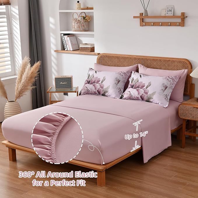 Dobuyly Pink Full Size Comforter Set 7 Piece Bed in a Bag, Blush Floral Printed on Light Pink Comforter Set with Sheets, Soft Microfiber Botanical Bedding Set for All Season