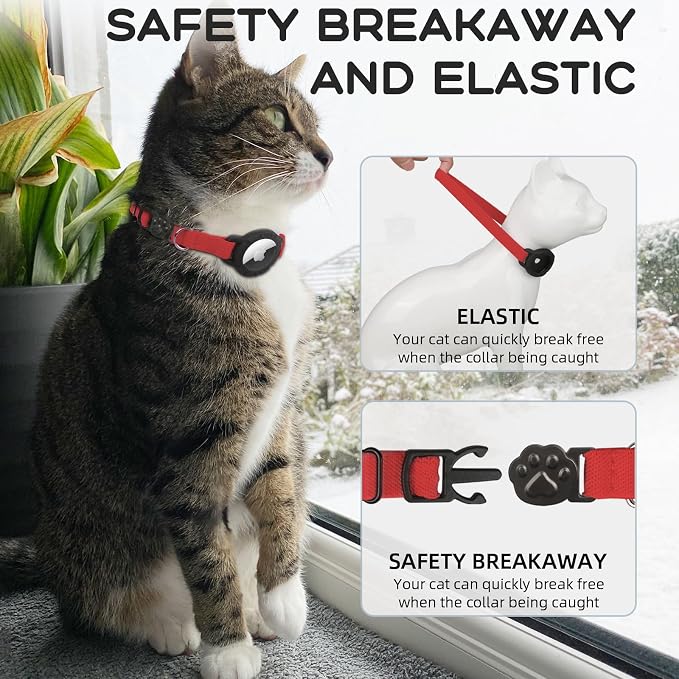 AirTag Cat Collars, Stretchy Collar with AirTag Holder and Bell | Breakaway - Ultra Design Elastic - GPS Tracking Collars - Adjustable Size for Cats & Puppies 7.5-12.5" - (Red)