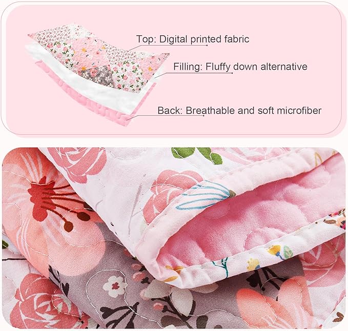 Whale Flotilla Patchwork Quilt Twin Size, Extra Soft Boho Floral Bedspreads for Bed Reversible Lightweight Twin Quilt Bedding Set Printed Coverlets with 1 Pillow Sham for All Seasons, Pink