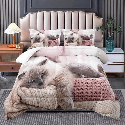 Queen Cat Comforter Set for Girls, Kawaii Queen Size Bedding, Cute Comforter Set for Teen Girls, Cat Room Decor