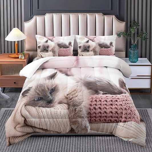 Queen Cat Comforter Set for Girls, Kawaii Queen Size Bedding, Cute Comforter Set for Teen Girls, Cat Room Decor
