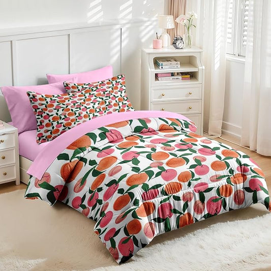 Nesker Comforter Set Queen Size, Pink Peach 7 Pcs Bedding for Kids and Adults, Sweet Fruit Vintage Bed Sheet Sets with Fitted Sheet 2 Pillowcases & 2 Shams
