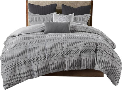 INK+IVY Luxurious Cotton-Bedding Set - Mid Century Trendy Geometric Design, All Season Cozy-Cover With Matching-Shams, King/Cal King, Rhea Jacquard Grey/Black