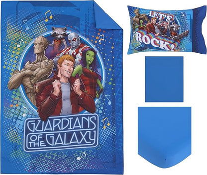 NoJo Marvel Guardians of The Galaxy Blue Let's Rock 4 Piece Toddler Bed Set - Comforter, Fitted Bottom Sheet, Flat Top Sheet, and Reversible Pillowcase