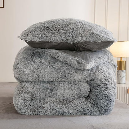 Andency Faux Fur Tie-Dyed Grey White Comforter Set Full Size, 3 Pieces Fluffy Fuzzy Plush Bedding Comforter Set (1 Shaggy Velvet Comforter & 2 Pillowcases), Soft Puffy Down Comforter Bedding Set