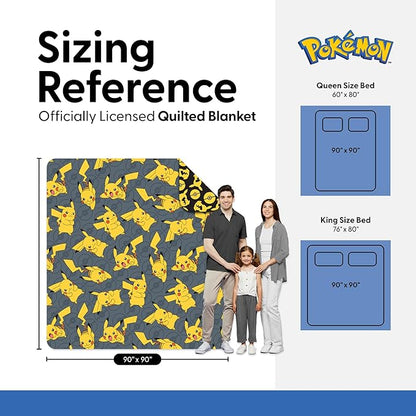 Northwest Pokemon Company Reversible Full/Queen Quilted Blanket - Pikachu & Pokeball Pattern for Anime Fans, Cozy Blanket for Bed, Game Room or Couch, 90x90 inches