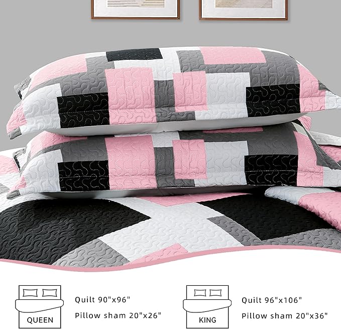 3 Piece Pink Grey Quilt Set California King Size Pink Gray White Geometric Reversible Bedding Set Microfiber Lightweight Bedspread Coverlet with 2 Shams Bed Cover for All Season, 118''x106''