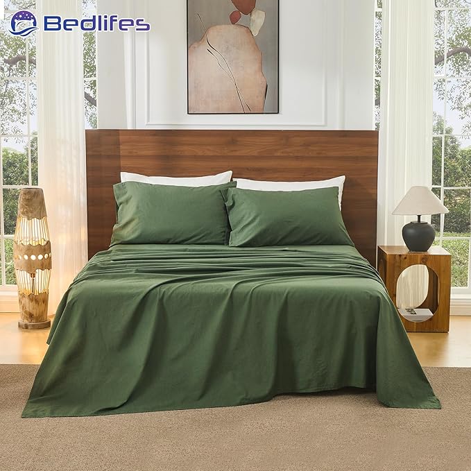 Bedlifes 100% French Pure Linen Sheets King Size Breathable and Cooling Flax Sheet Set Soft Durable and Moisture Wicking 16 Inch Deep Pocket-4 Piece(King,Forest Green)