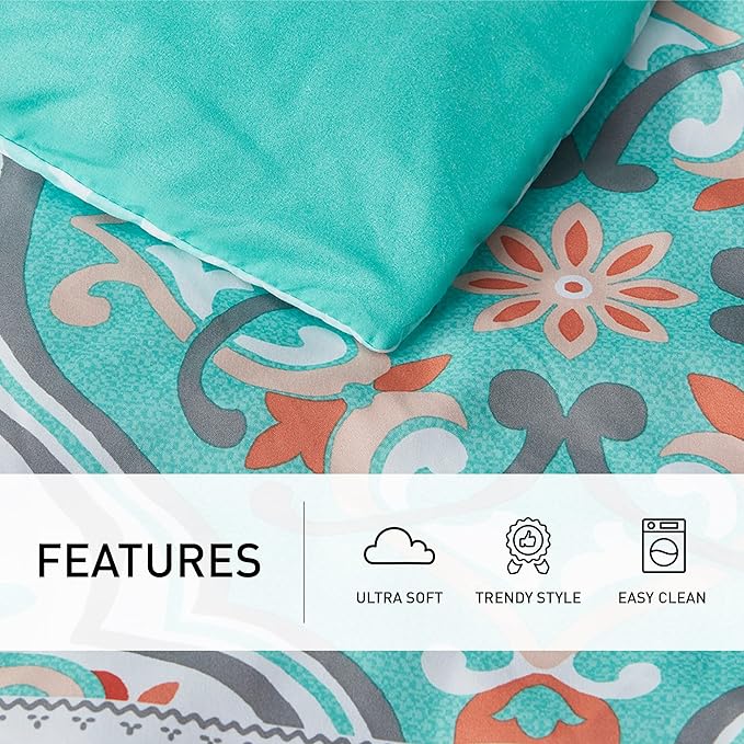 Degrees of Comfort Full Size Comforter Sets with Sheets Floral, Aqua Boho Complete Bedding Set for Teen Girls, Microfiber 8 Piece Bed in a Bag with Side Pockets, Matching Decorative Pillow