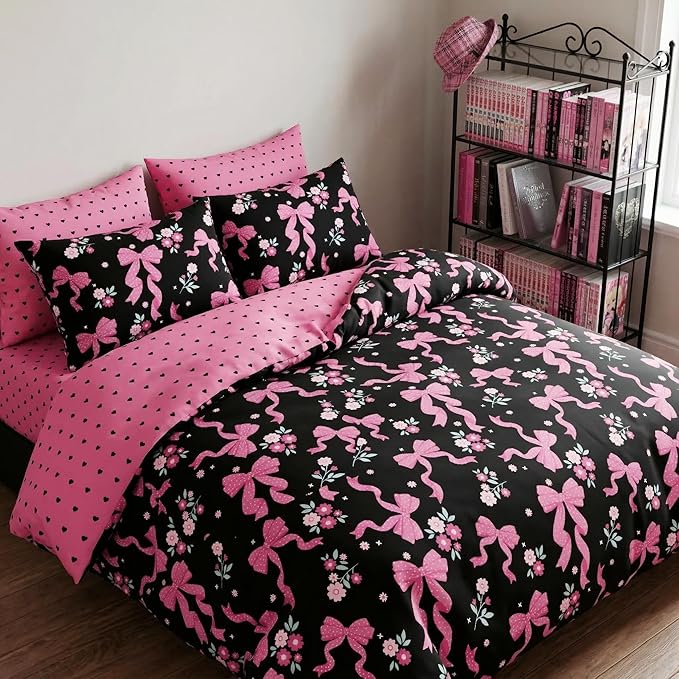 Pink Bow Comforter Set Twin Size, Black Pink Love Heart Bedding Set, 2 Pcs Soft Microfiber Priness Bed Set with 1 Pillowcase, 68"x86"