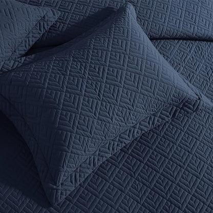 EXQ Home Quilt Set Full Queen Size Navy 3 Piece,Lightweight Soft Coverlet Modern Style Squares Pattern Bedspread Set(1 Quilt,2 Pillow Shams)