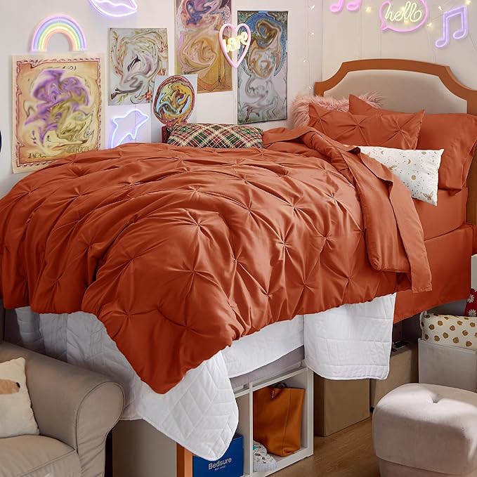 Bedsure Twin XL Comforter Set - Extra Long 5 Pieces Dorm Bedding Sets, GentleSoft™ Pinch Pleat Burnt Orange Bed in a Bag with Pintuck Comforter, Sheets, Pillowcase & Sham