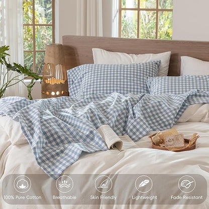 MooMee Gingham Sheet Set 100% Washed Cotton Linen Like Textured Breathable Soft w/Fully Elasticized 16-19" Deep Pocket (Classic Gingham Cornflower Blue, King)