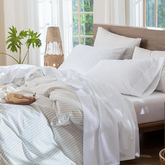 MooMee Bedding Sheet Set 100% Washed Cotton Linen Like Textured Breathable Durable Soft Comfy (Solid Bright White, King)