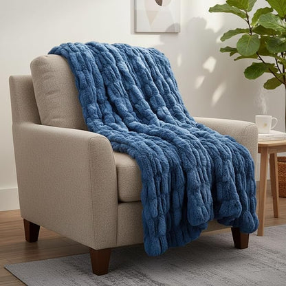 Lavish Home Oversized Ruched Faux Fur Blanket - 60x80-Inch Plush Polyester Faux Fur Queen-Size Throw for Sofas and Beds - Luxurious Bedding (Blue)