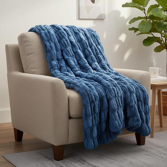 Lavish Home Oversized Ruched Faux Fur Blanket - 60x80-Inch Plush Polyester Faux Fur Queen-Size Throw for Sofas and Beds - Luxurious Bedding (Blue)