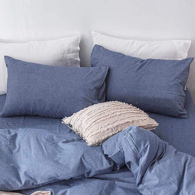 MooMee Bedding Pillowcases Pack of 2 100% Washed Cotton Linen Like Textured Breathable Durable Soft Comfy (Heathered Blue, King)