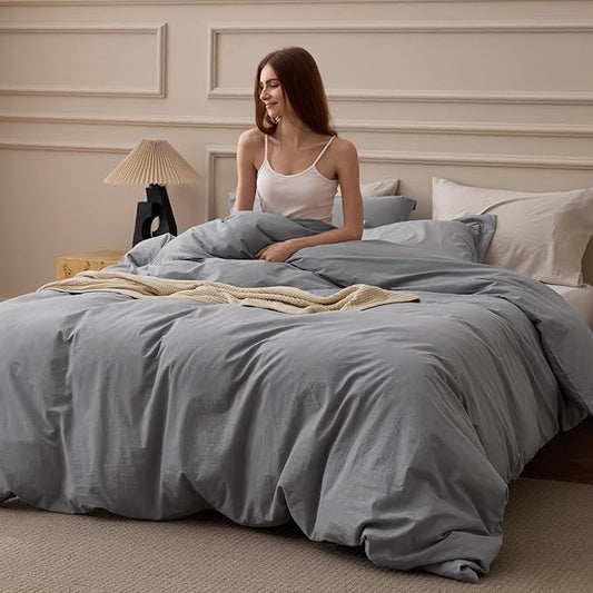 Bedsure 100% Washed Cotton Duvet Cover Queen Size - Grey Minimalist Bedding Set Linen Like - PureWoven Plain Simple & Soft Comforter Cover for All Seasons, 3 Pieces (Grey, Queen, 90"x90")