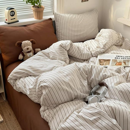 Striped Comforter Set Queen 3 Pieces Beige Stripes Bedding Set, Beige Khaki Brown Striped Design, 100% Microfiber, Super Soft Lightweight Comforter with 2 Pillowcases, All Season