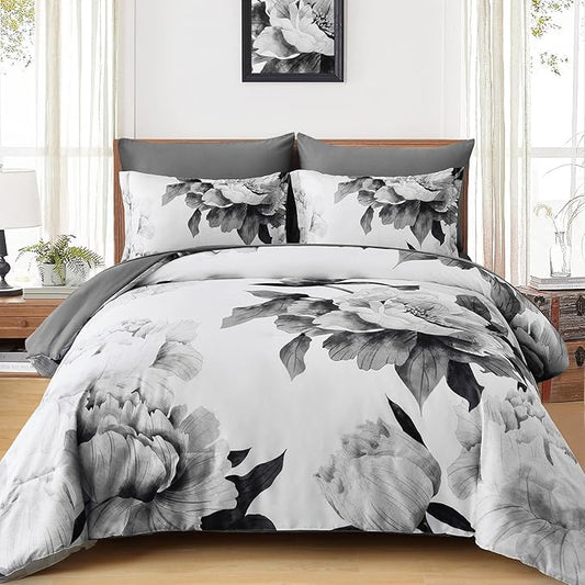 Dobuyly California King Comforter Set 7 Piece Bed in a Bag, Grey Floral Printed on White Comforter Set with Sheets, Soft Microfiber Botanical Cal King Bedding Set for All Season