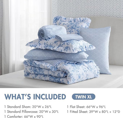 Madison Park Essentials Adele Blue Floral Twin XL Size Comforter Set – Vintage Bed in a Bag with Sheets, Reversible Ruffle Bedding, Elegant Gift for Her
