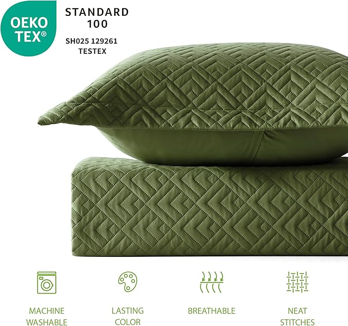 EXQ Home Quilt Set Twin Size Forest Green 2 Piece,Lightweight Soft Coverlet Modern Style Squares Pattern Bedspread Set(1 Quilt,1 Pillow Sham)