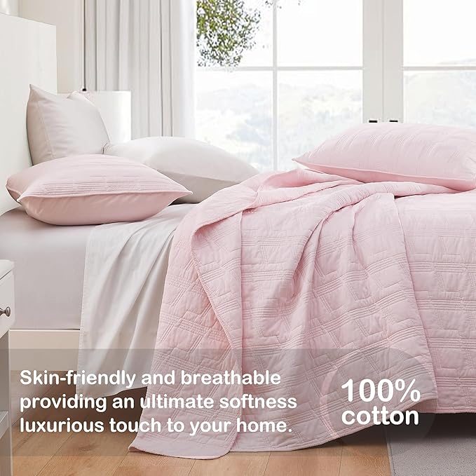 HORIMOTE HOME 100% Cotton Quilt Set King Size, Light Pink Pre-Washed Bedspread Coverlet Set, Cozy Lightweight Stitching Decorative Bedding Cover with 2 Shams in Geometric Pattern for All Season