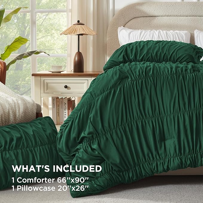Andency Ruched Dark Emerald Green Twin Size Comforter Sets, Shabby Chic Pleated Bedding Sets 2 Pieces, Lightweight Soft Boho Ruffle Bed Set for Girls, Kids, Women, All Season