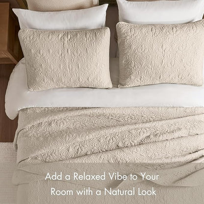 Madison Park Quebec Queen Size Quilt Bedding Set - Ivory , Damask – 3 Piece Bedding Quilt Coverlets – Ultra Soft Microfiber Bed Quilts Quilted Coverlet