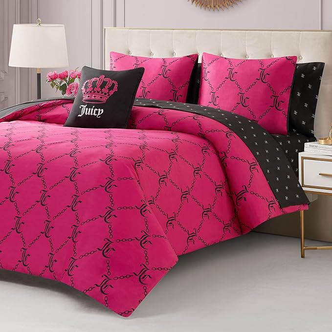 Juicy Couture Hot Pink/Black Link Logo Printed Comforter Set, Full – Complete 8-Piece Bed in a Bag Collection