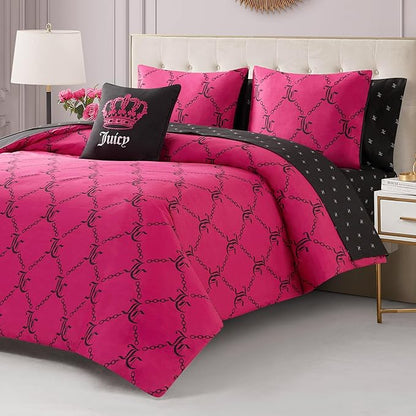 Juicy Couture Hot Pink/Black Link Logo Printed Comforter Set, Full – Complete 8-Piece Bed in a Bag Collection