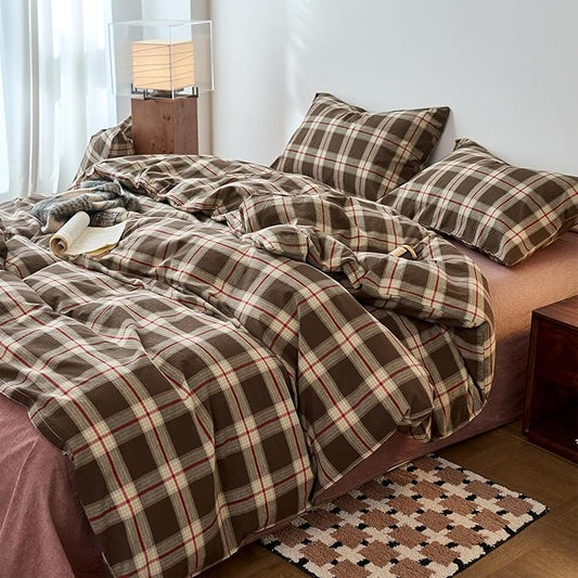 EAVD Vintage Brown Buffalo Plaid Comforter Set Queen Soft 100% Washed Cotton Brown&Red&Green Grid Checkered Bedding Set with 2 Pillowcases Retro Gingham Comforter Set for All-Season