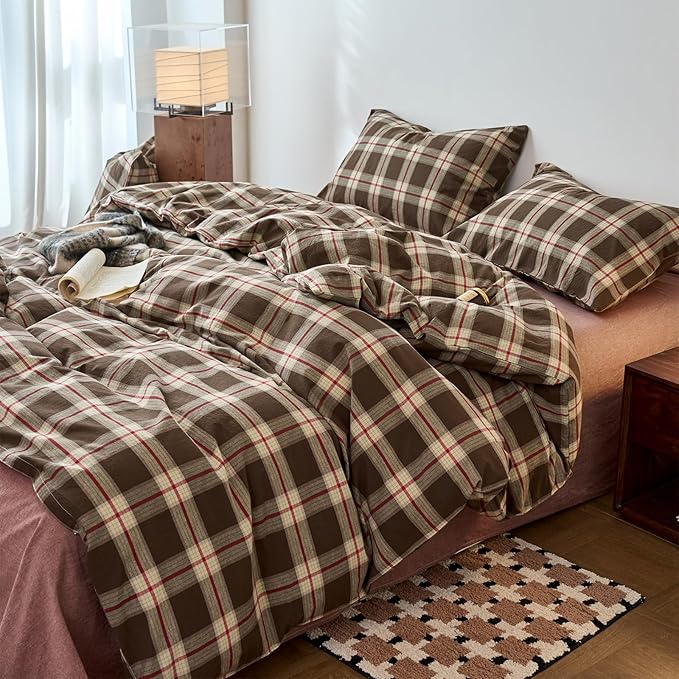 EAVD Vintage Brown Buffalo Plaid Comforter Set Full Soft 100% Washed Cotton Brown&Red&Green Grid Checkered Bedding Set with 2 Pillowcases Retro Gingham Comforter Set for All-Season