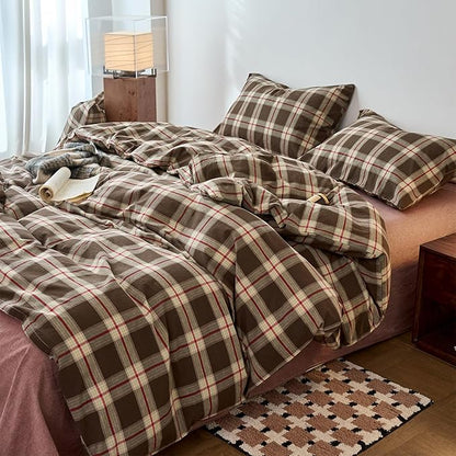 EAVD Vintage Brown Buffalo Plaid Comforter Set Full Soft 100% Washed Cotton Brown&Red&Green Grid Checkered Bedding Set with 2 Pillowcases Retro Gingham Comforter Set for All-Season